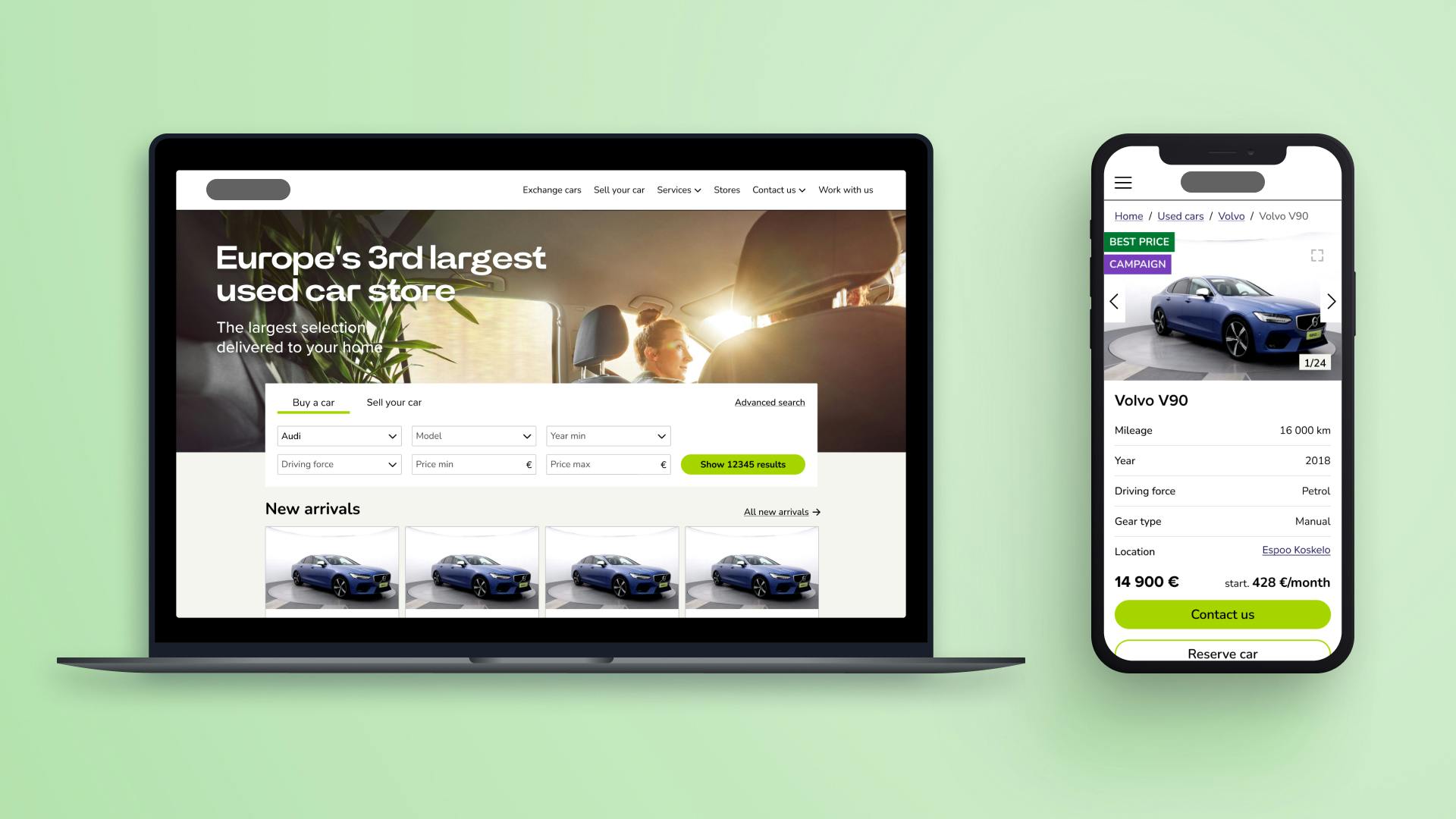Desktop and mobile images of a car webshop